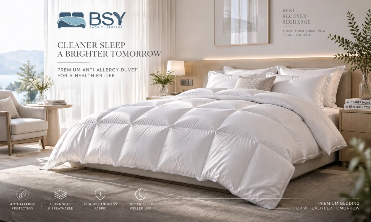Pristine white anti-allergy comforter on a luxury healthcare and hotel suite bed for wholesale sourcing
