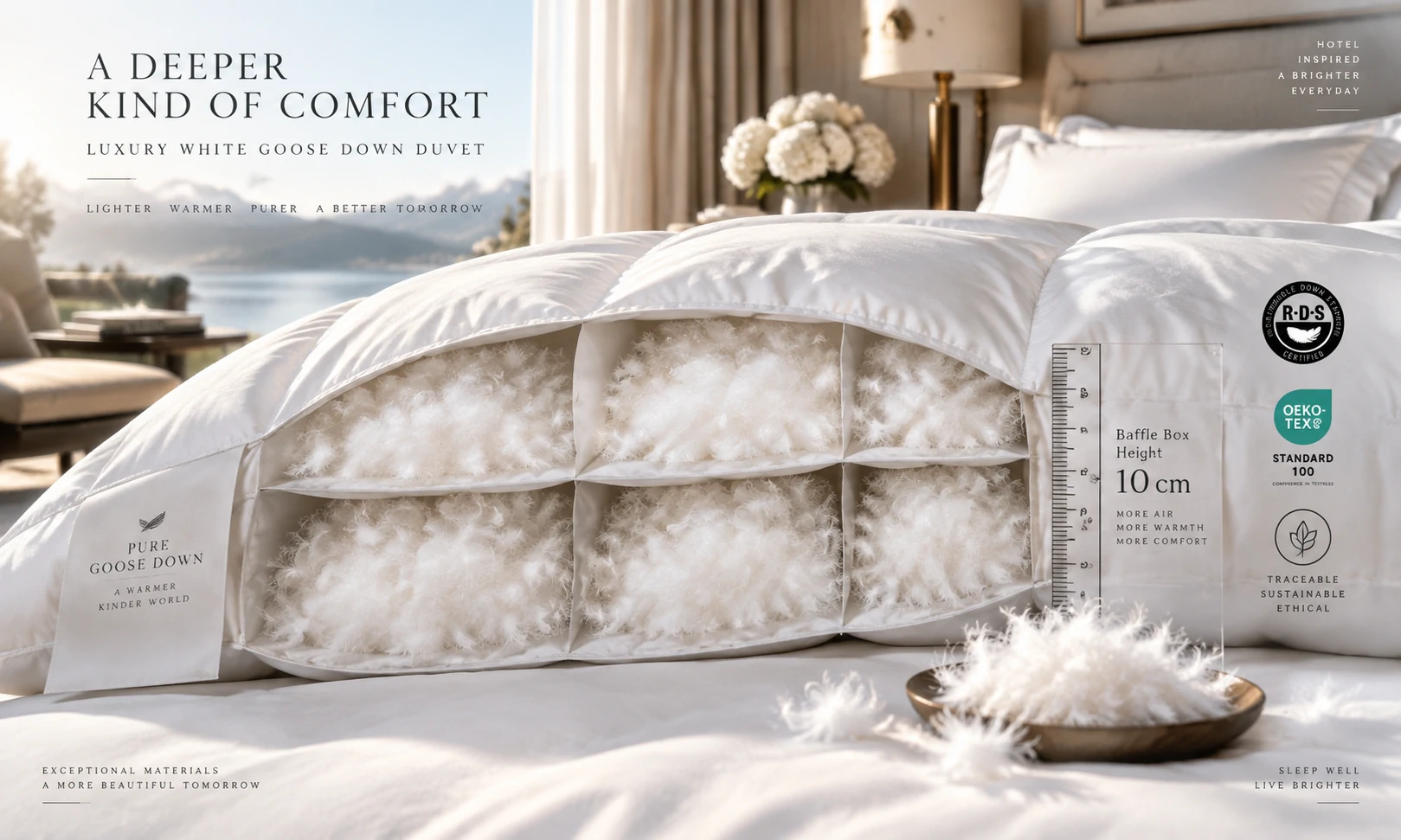 Cross section of a luxury baffle box down duvet showing fill power clusters and down-proof shell fabric for wholesale procurement