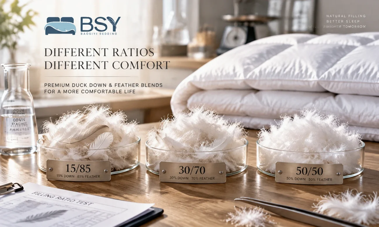 Glass bowls showing 15/85, 30/70, and 50/50 duck down and feather blends for wholesale comforter manufacturing