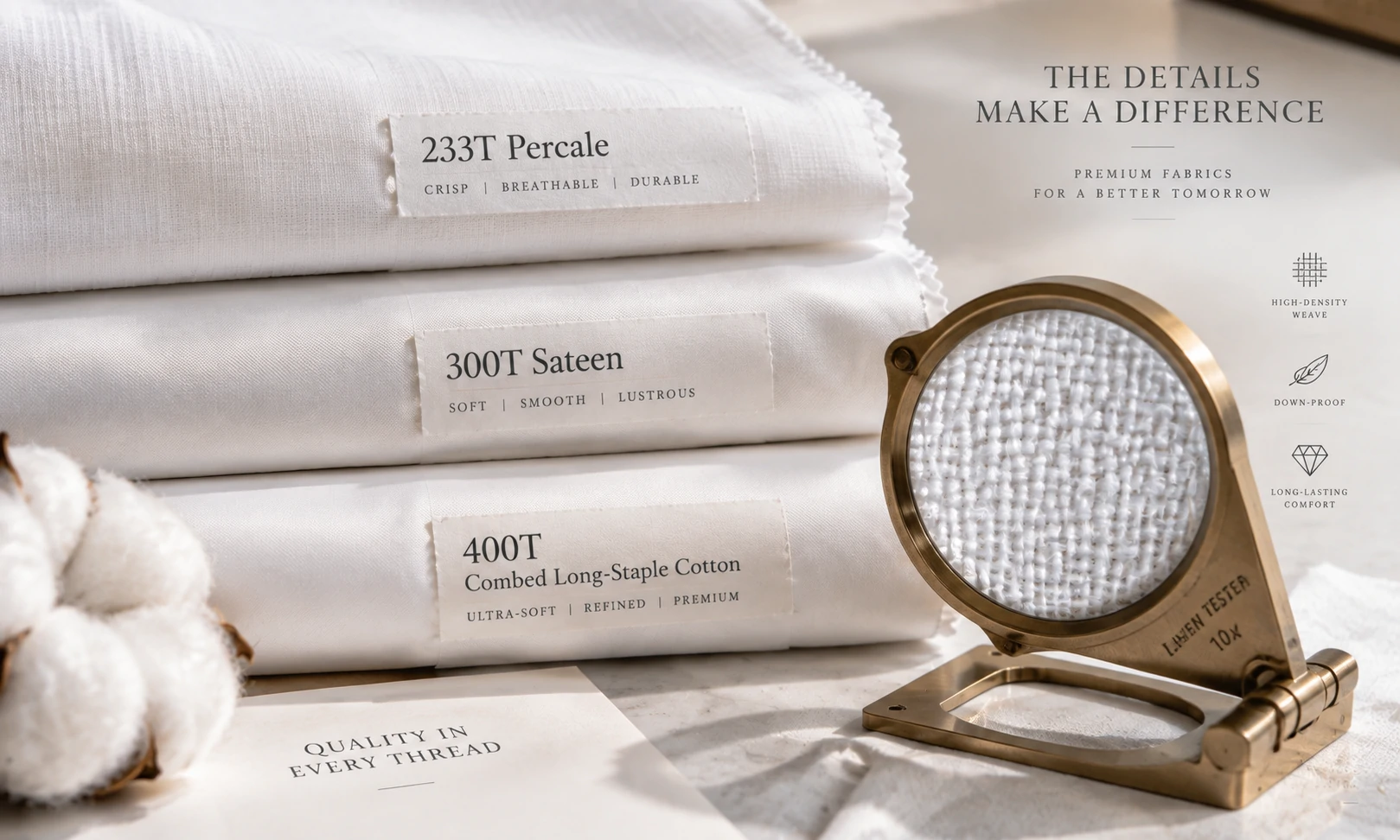 Macro textile comparison of 233T 300T and 400T down proof cotton fabric shells for wholesale duvets