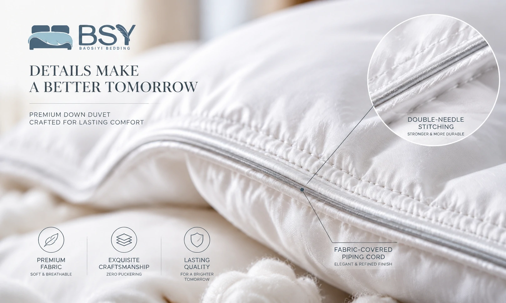 Macro view of double needle stitching and piped border on a luxury down duvet showing down proof seam construction