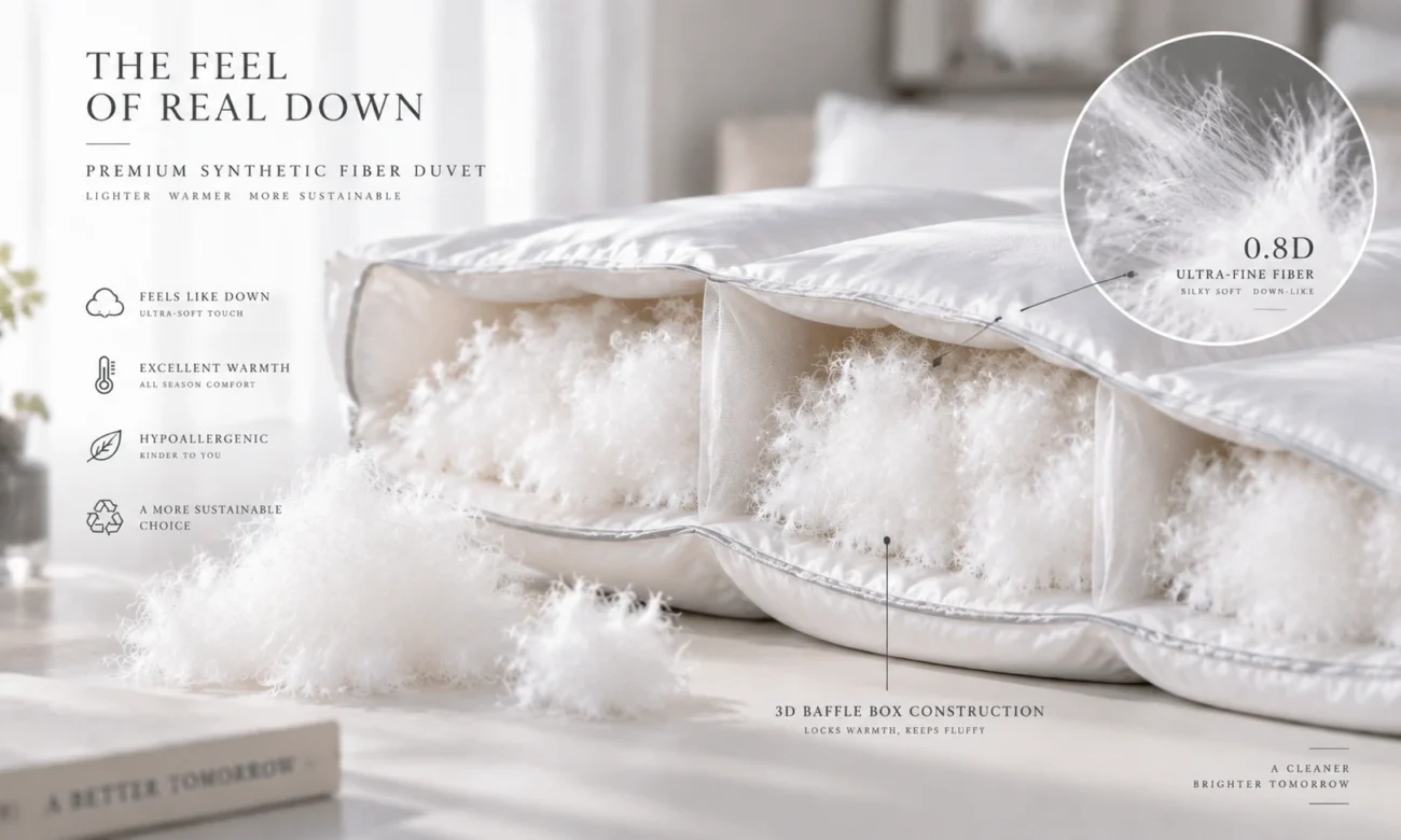 Cross section of a feels like down microfiber duvet showing blown synthetic down clusters for wholesale sourcing