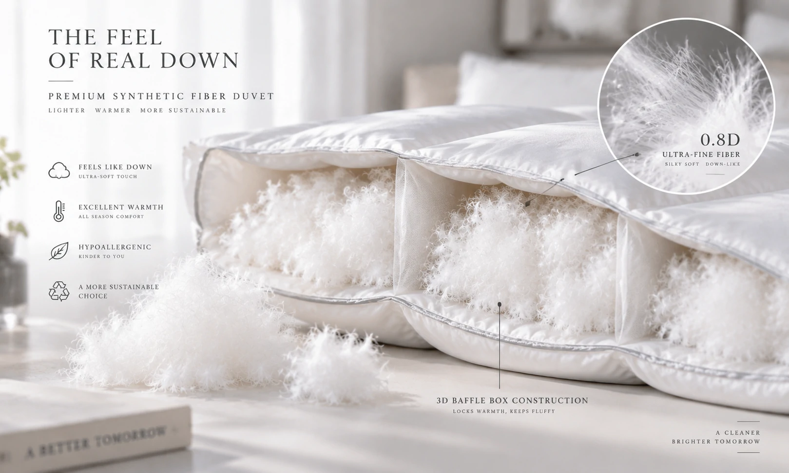 Cross section of a feels like down microfiber duvet showing blown synthetic down clusters for wholesale sourcing