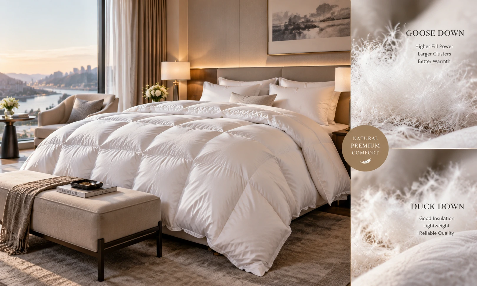 Luxury hotel king bed showing fluffy white down duvet for commercial procurement cost analysis
