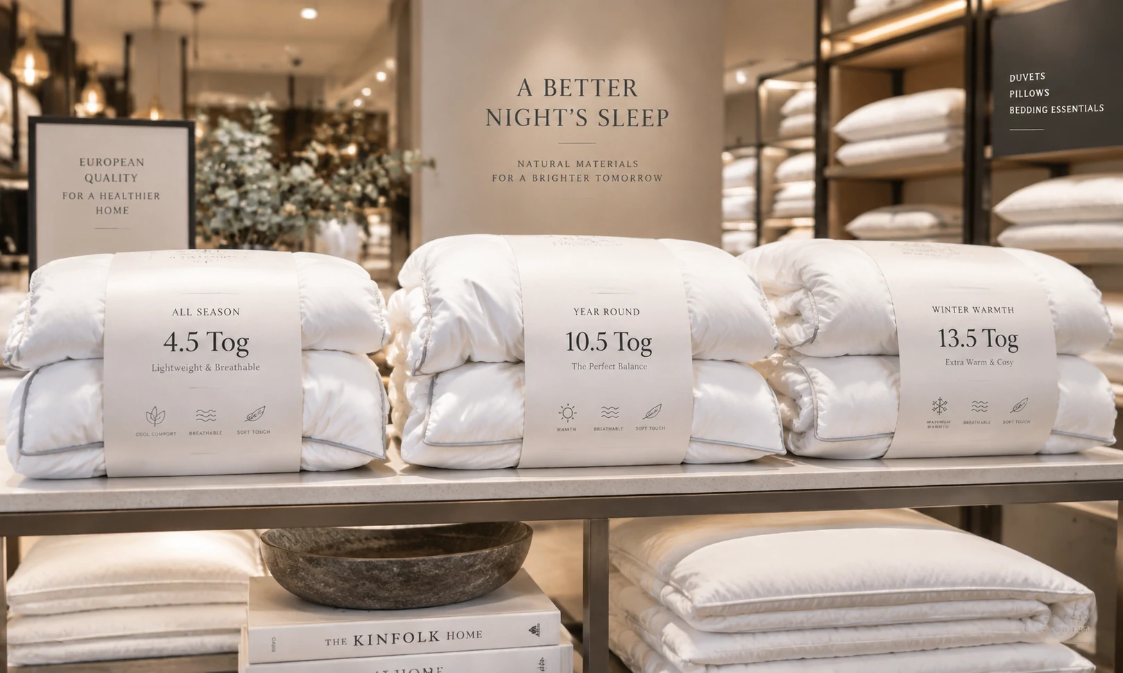Collection of commercial duvets displaying seasonal European Tog rating bands for wholesale procurement