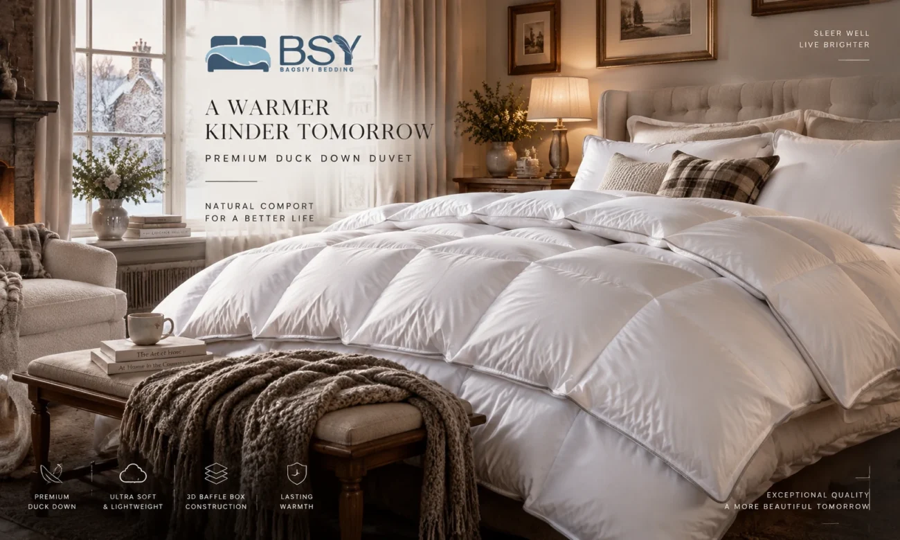 Luxurious thick 15 Tog duck down duvet styled in a British master bedroom for wholesale retail sourcing