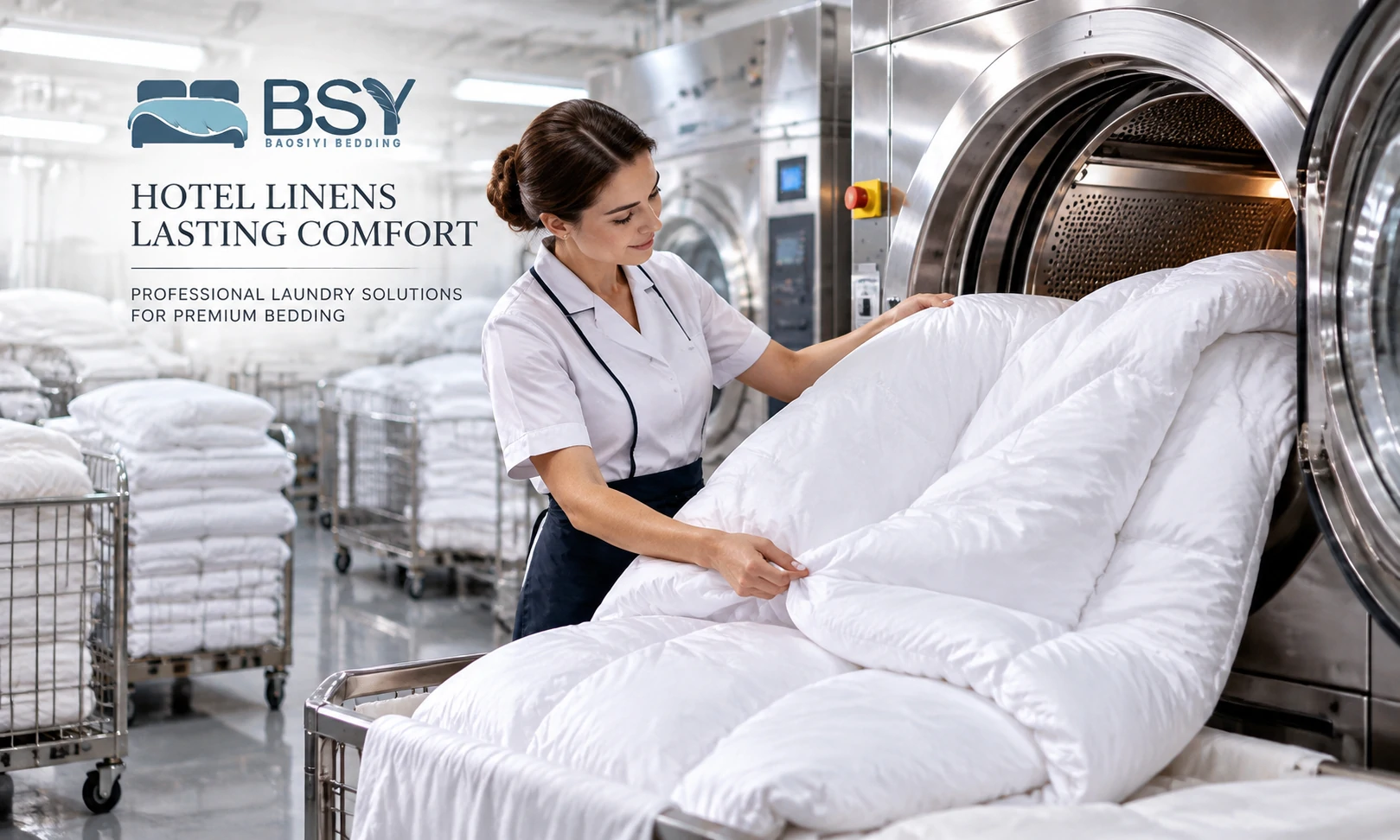 Inspection of fluffy white microfiber duvet emerging from industrial dryer in a commercial hotel laundry facility