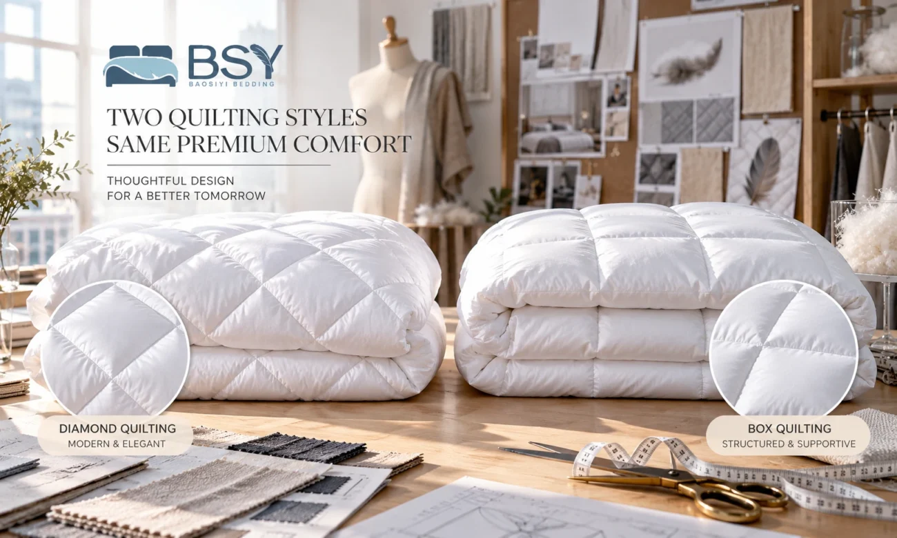 Side by side comparison of diamond quilting and square box quilting on luxury white duvets for wholesale bedding design