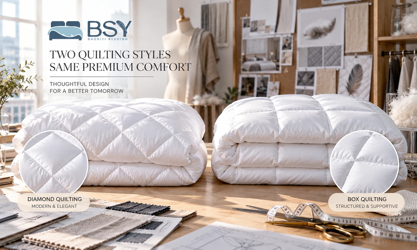 Side by side comparison of diamond quilting and square box quilting on luxury white duvets for wholesale bedding design