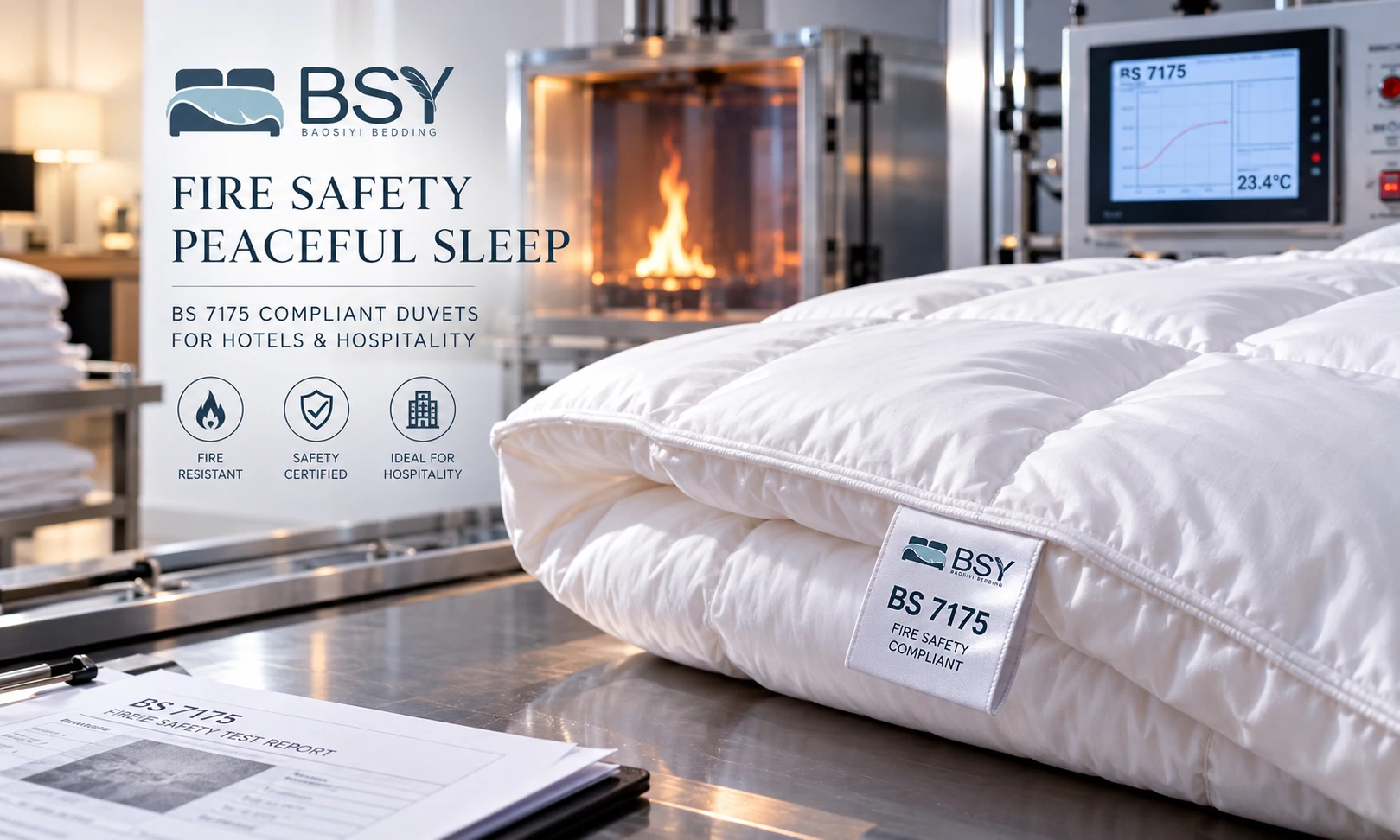 Commercial flame retardant duvet with British Standard BS 7175 Crib 5 compliance label for wholesale hotel procurement