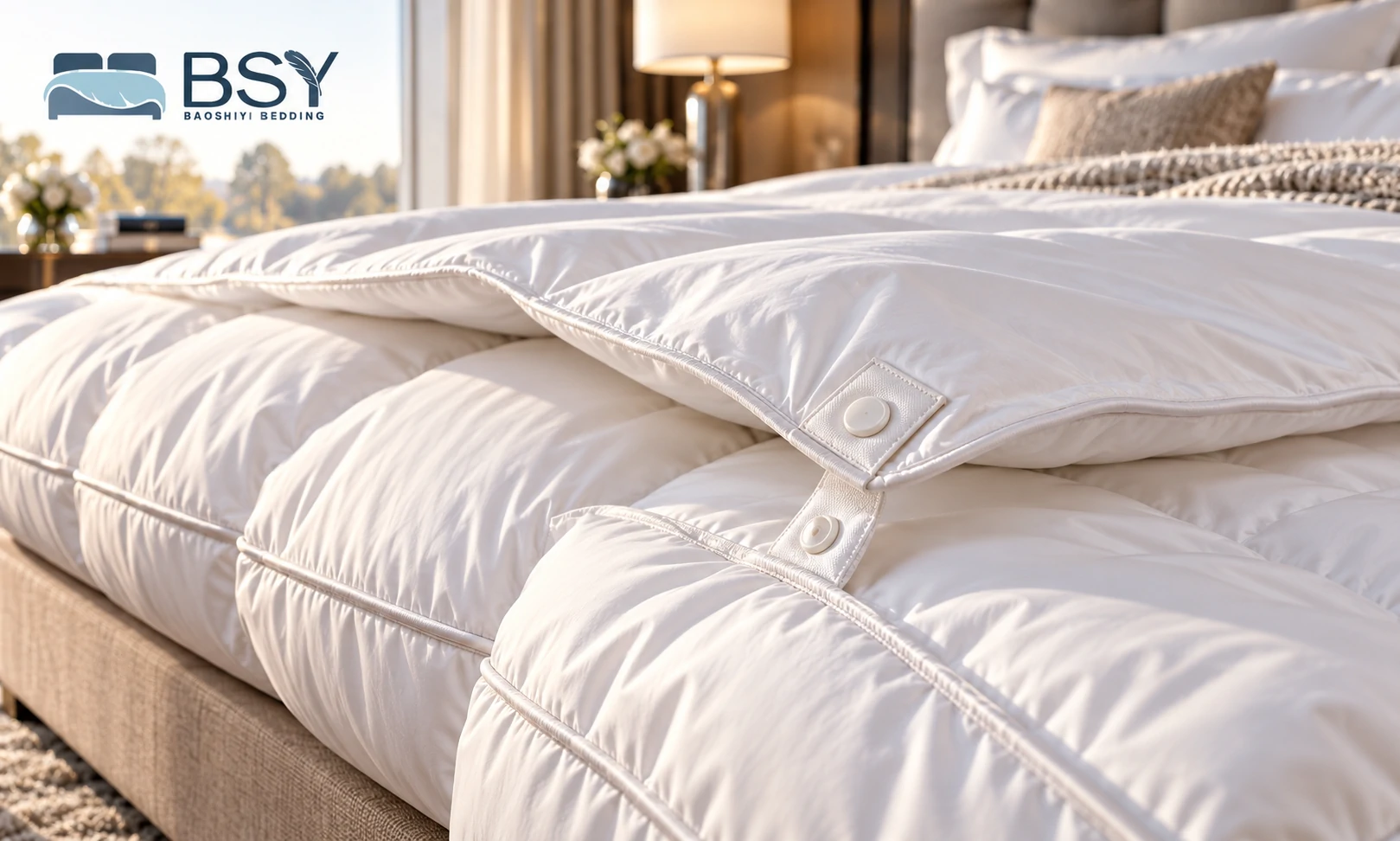 Close up of two hotel duvets fastened together with durable resin snap buttons for all-season modular bedding