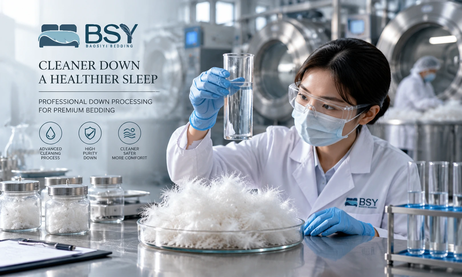 Laboratory testing of washed and sterilized raw down clusters in a modern Xiaoshan down manufacturing plant