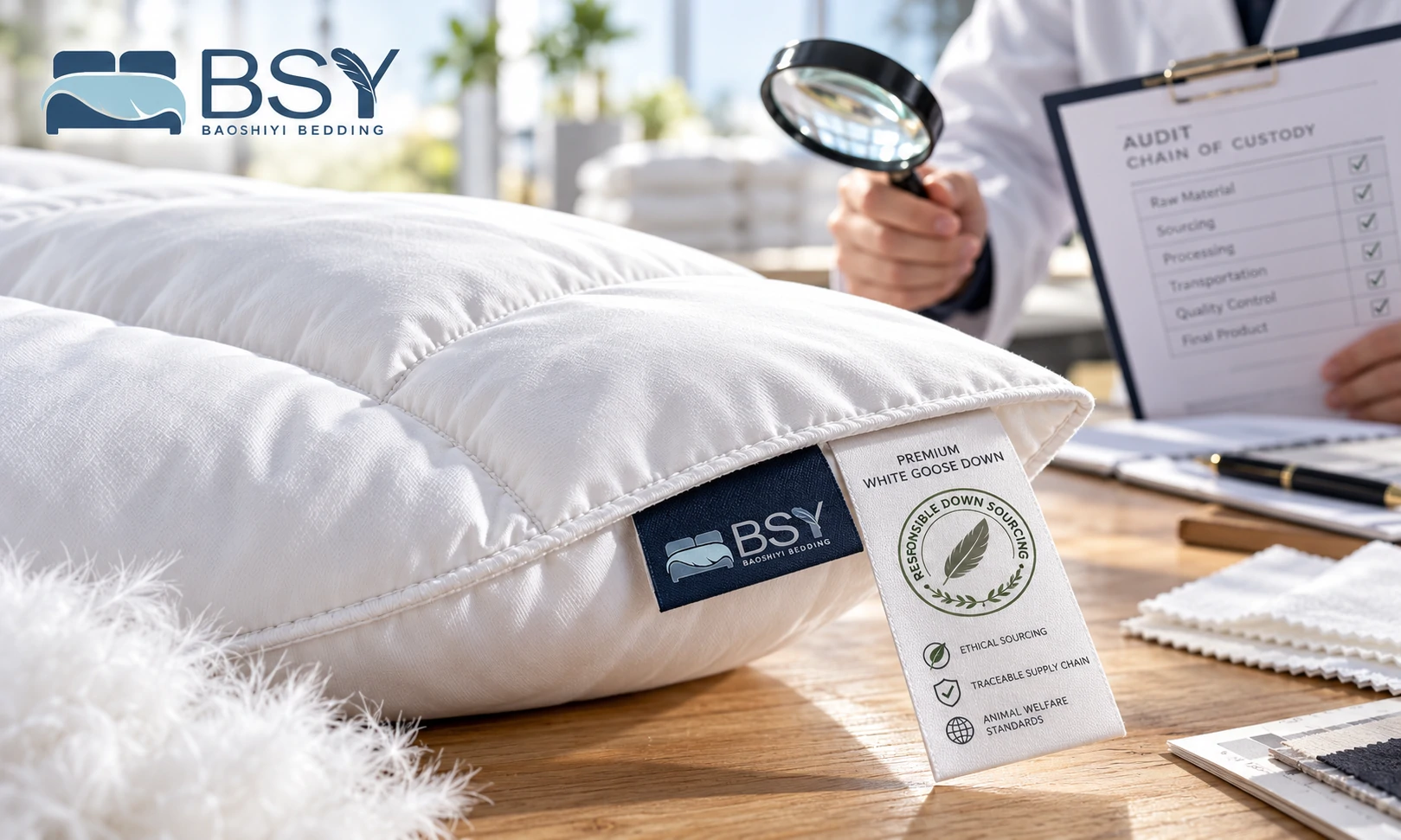 Luxury white down comforter with official RDS certified tag on inspection desk for wholesale compliance audit