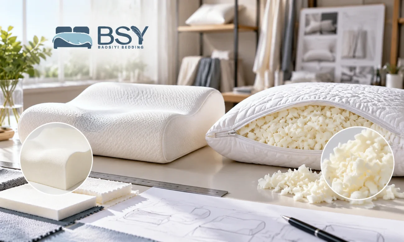 Side by side comparison of molded contour and shredded memory foam pillows for wholesale OEM sourcing