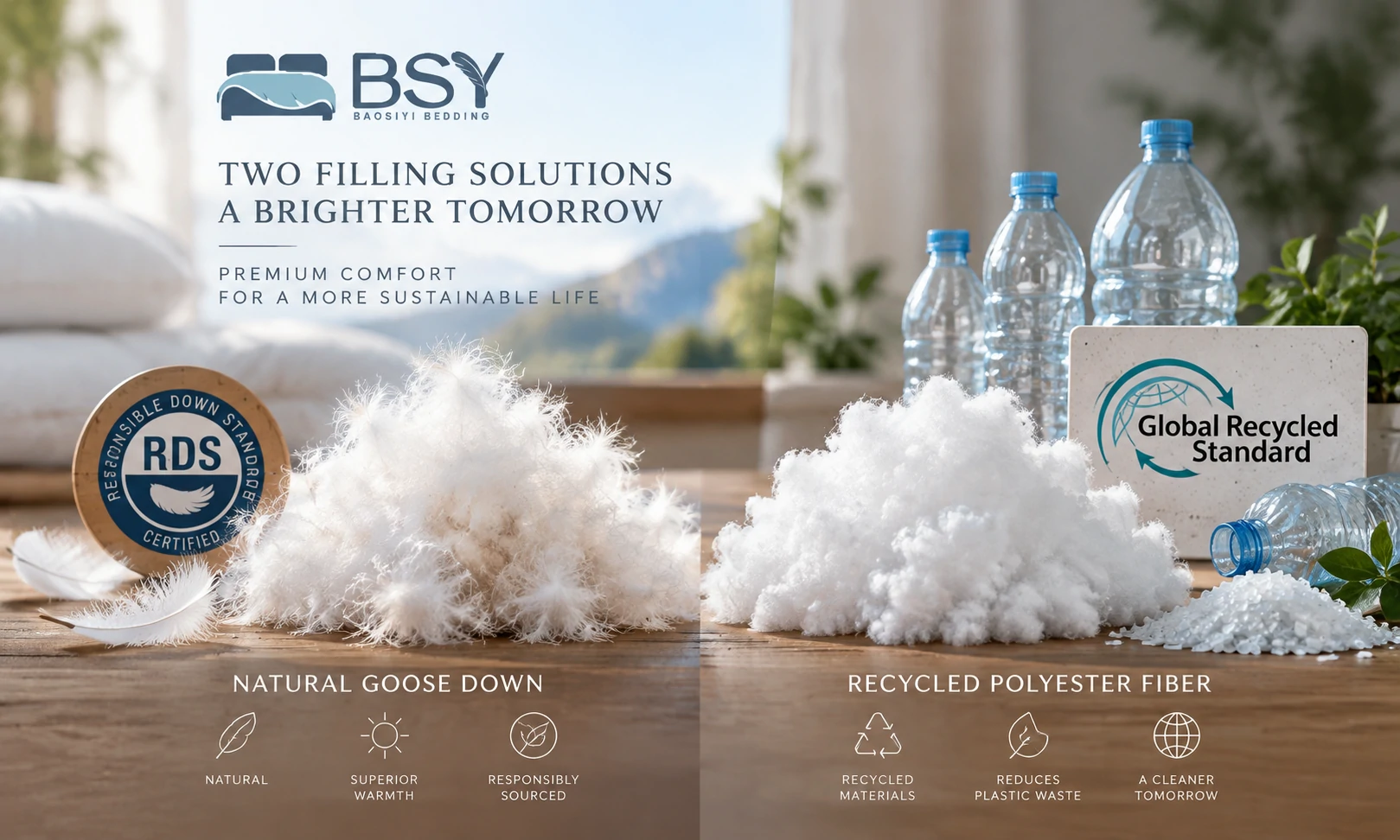 Side by side comparison of natural down clusters and GRS recycled polyester filling for sustainable bedding manufacturing