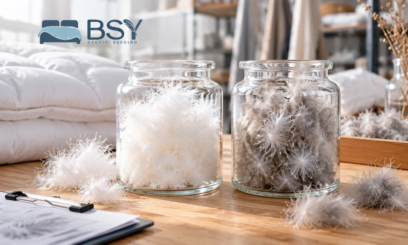 Side by side comparison of white goose down and grey goose down clusters in glass jars for wholesale bedding manufacturing